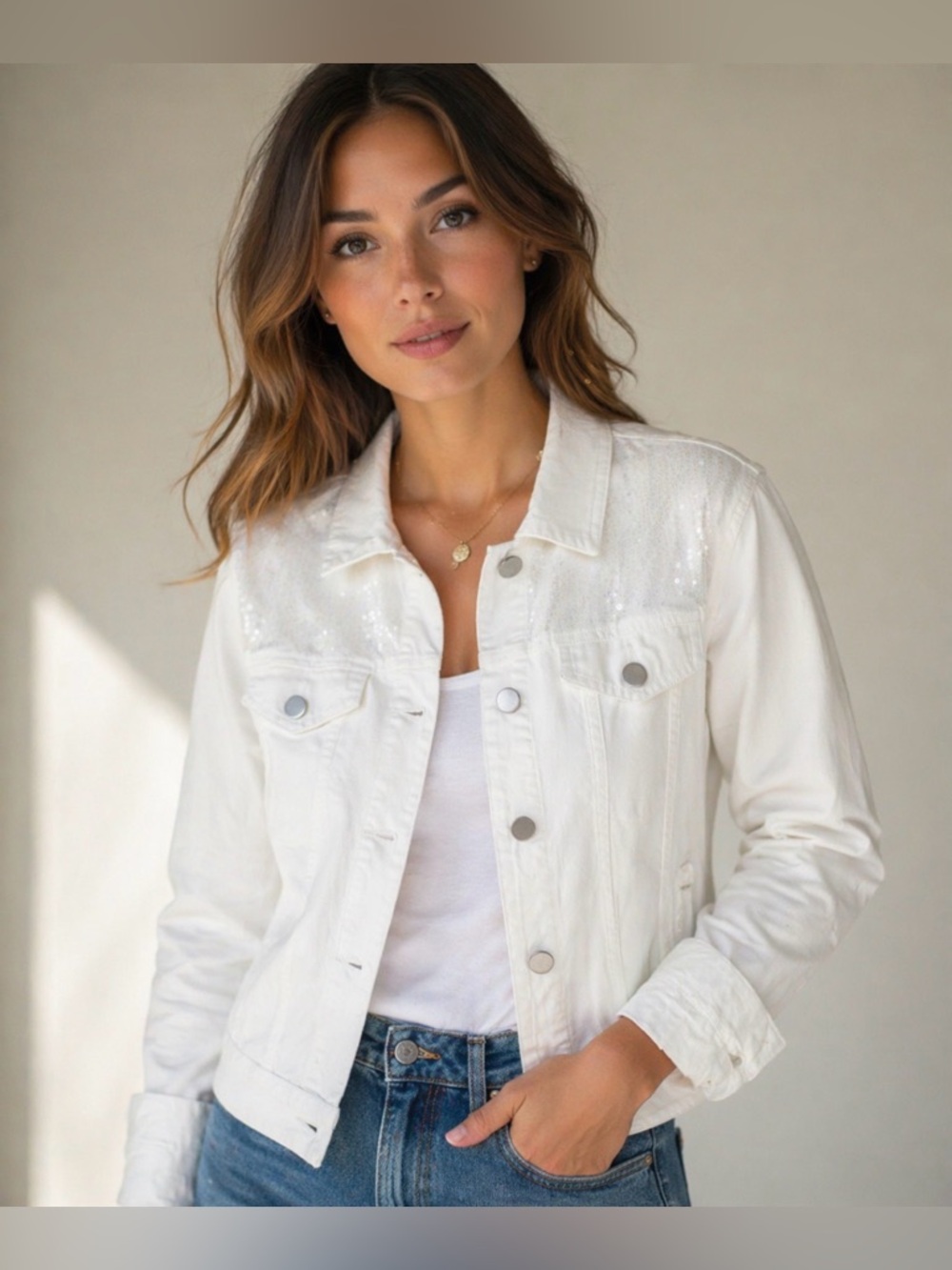 White Sequin Detail Denim Jacket - Women